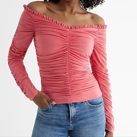Express Body Contour Compression Off The Shoulder Ruched Tee - Picture 2 of 6